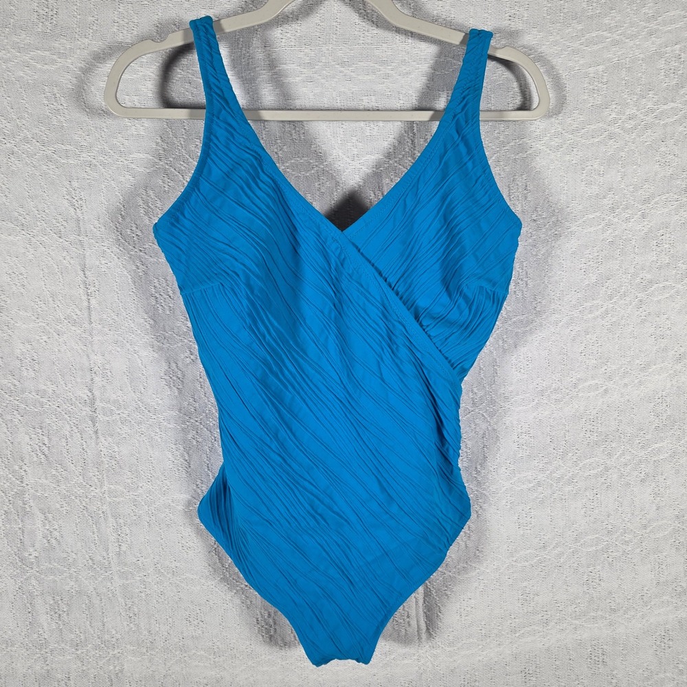 Gottex Blue Textured Wrap One Piece Swimsuit Womens Plus Size 14 V-Neck Pool